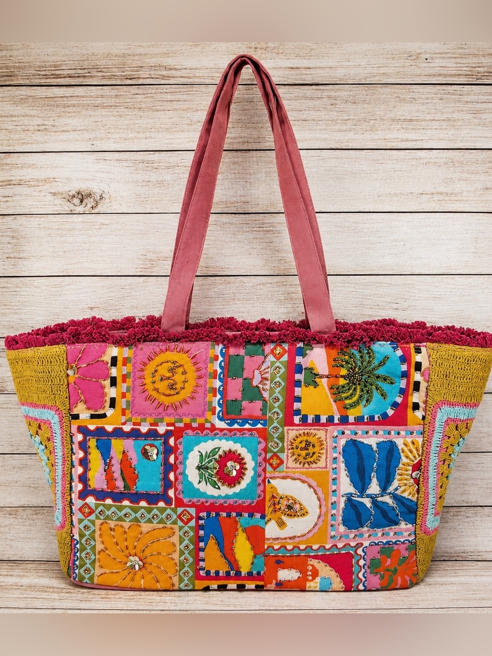 Folk Art Patchwork Fringe Crochet Canvas Tote Bag